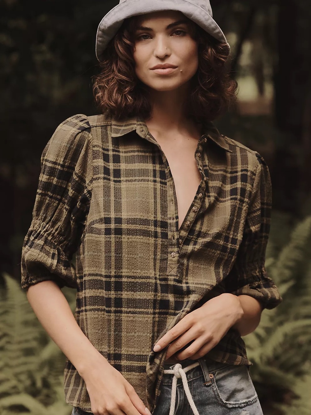 Anthropologie Pilcro Tallulah Plaid Puff-Sleeve Blouse Top Green Medium EUC
